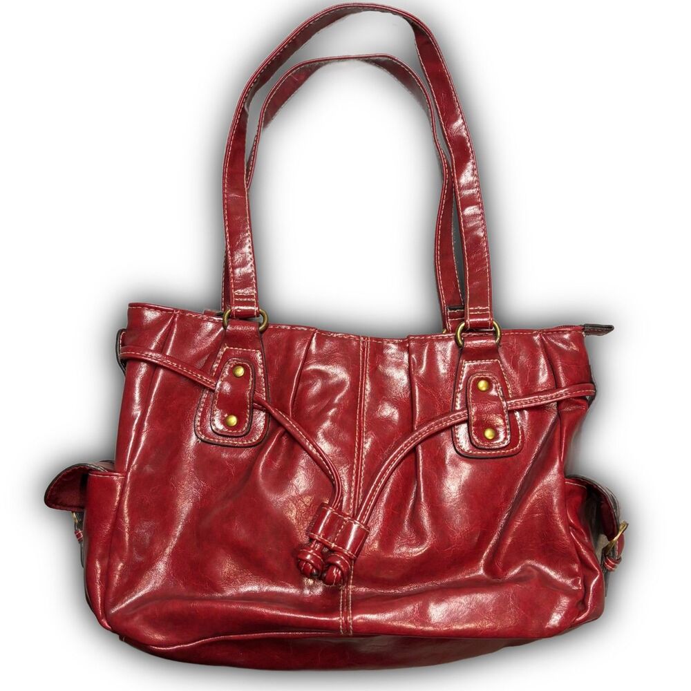 Pleated Red Faux Leather Shoulder Bag